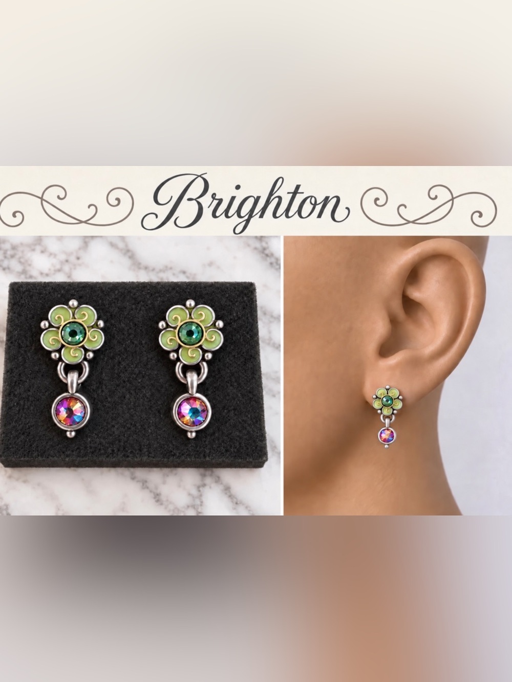 Brighton Very Rare Garden of Eden Enamel & Crystals Dangle Post Earrings